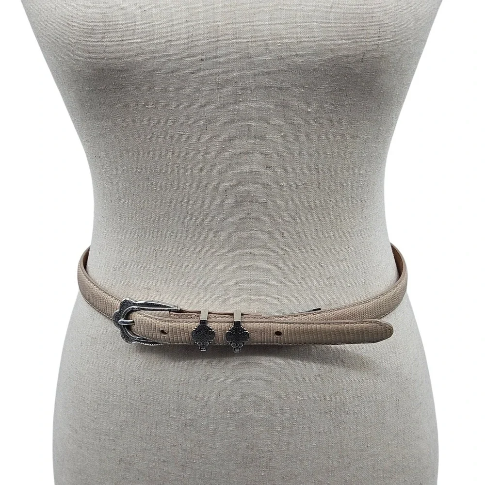 Brighton B10174 Beige Lizard Embossed Leather Skinny Belt Silver Buckle Size M30